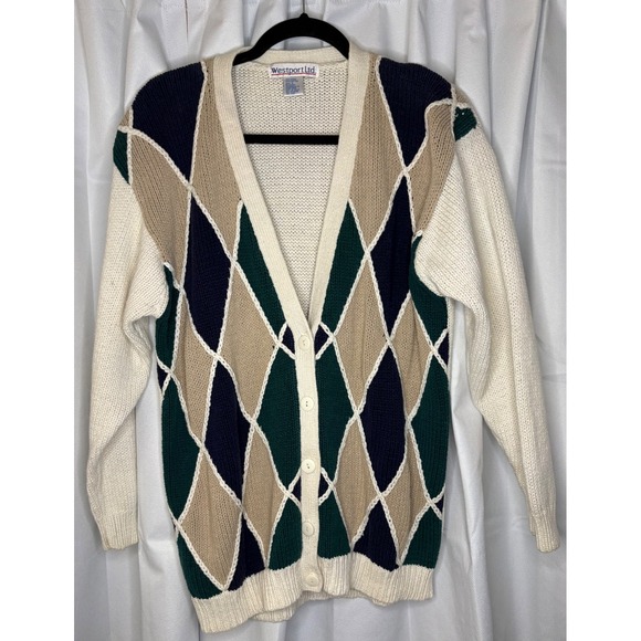 Westport Sweaters - Westport Ltd Vintage Argyle Knit Cardigan Sweater Oversized Cottagecore
